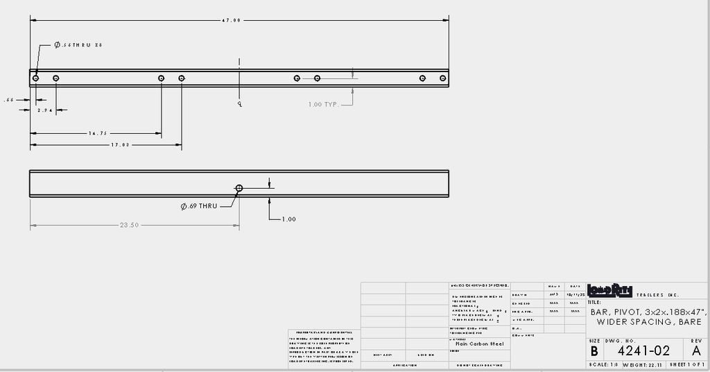 Boat Trailer Roller Pivot Bar 47"X3"X2" 8 Holes Loadrite# 4241.026