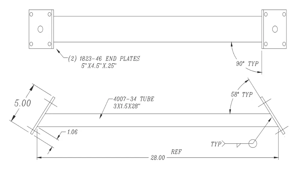 Cross Member Straight, 1.5X3X.083X28", Galv (58º Miter Cut)