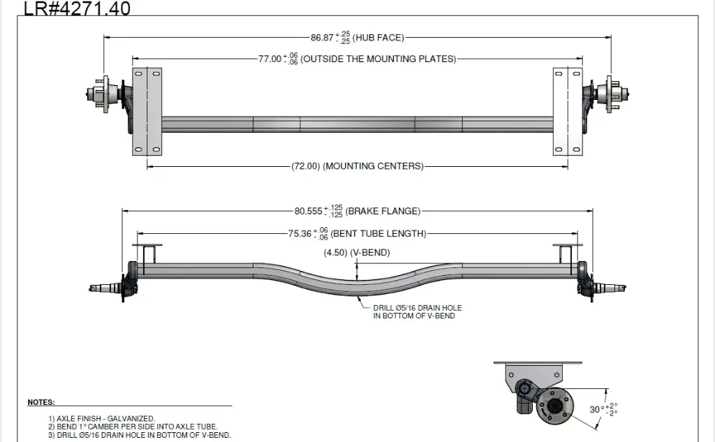 Torsion Axle, 3,700 lb Capacity, 86.75” Hub Face, 72” Frame Center, 77” Outside Bracket, 25* Down Angle, Galvanized, Manufactured by Load Rite, Alternate Part #200006A, V-Style