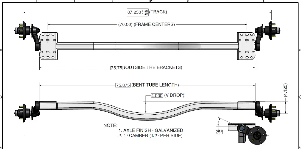 Torsion Axle, 3,700 lb Capacity, 70” Frame Center, 87.5” Hub Face, 75.75” Outside Bracket, 25* Down Angle, Galvanized, Load Rite OEM Axle, Alternate Part #46360A
