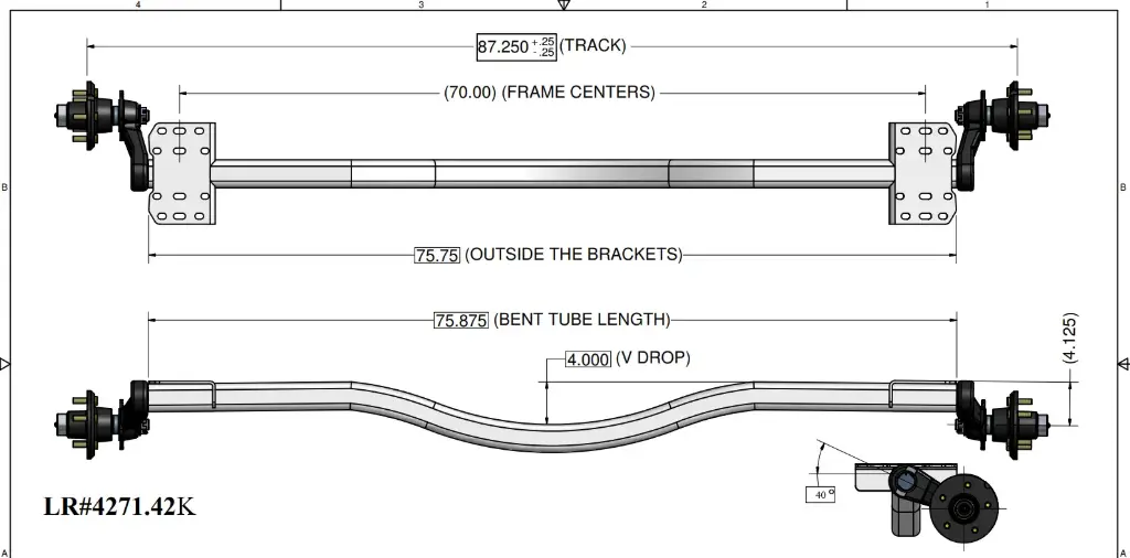 Torsion Axle, 3,700 lb Capacity, 87.25" Hub Face, 70" Frame Center, 75.75" Outside Bracket, 40* Starting Angle, Galvanized, Load Rite OEM Axle