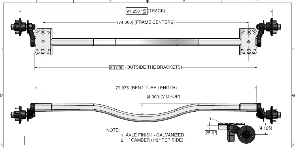 Torsion Axle, 3,750 lb Capacity, 91.25” Hub Face, 74" Frame Center, 80” Outside Bracket, 25* Down Angle, Galvanized, Load Rite OEM Axle, Alt Part #46385A