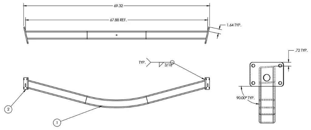 Crossbar Wldmt, Bnt, 3X3X.188X68.38", 12.50° W/4 Hole Plate, Galv