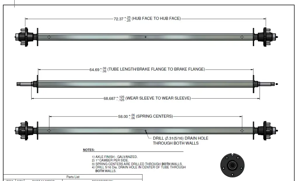 Spring Axle, 2,700 lb Capacity, 2" Square Tube, 58" Spring Center, 72" Hub Face, 77" Overall Length, Galvanized, Manufactured by Load Rite