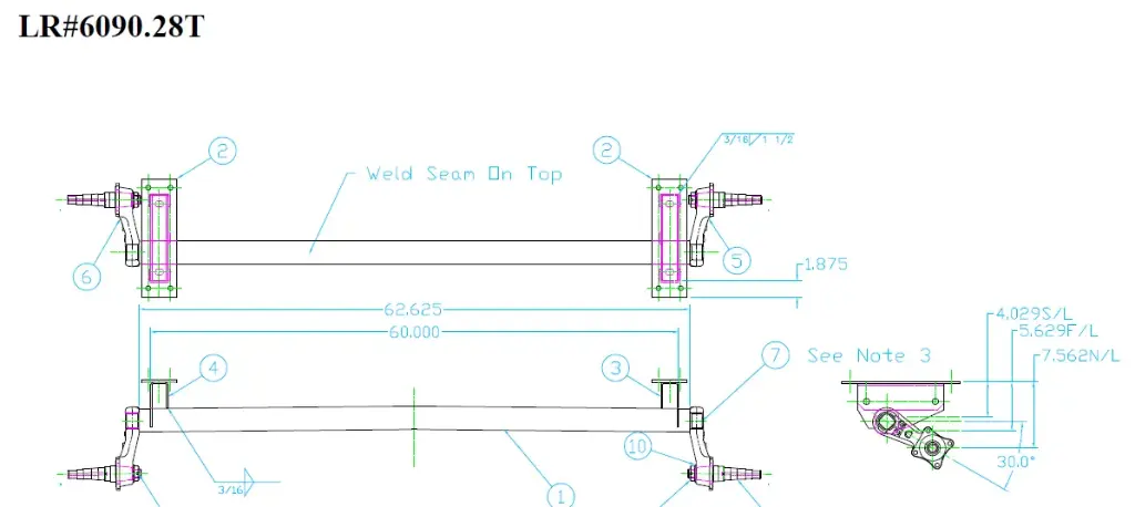 Torsion Axle, 2,500 lb Capacity, 58” Frame Center, 74” Hub Face, 62” Outside Bracket, 30* Down Angle, Galvanized, Manufactured by Dexter Marine Products, Alternate Part #46277F, Fits Load Rite Snow Trailers.