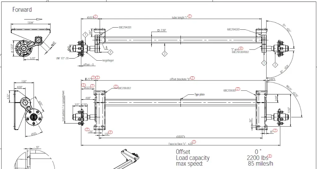 Torsion Axle, 2,000 lb Capacity, 70.75” Hub Face, 58” Frame Center, 61.5” Outside Bracket, 30* Down Angle, Galvanized, Manufactured by Knott