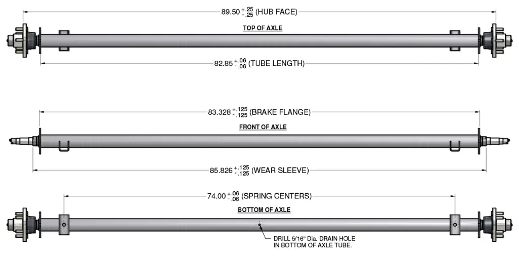3,700# Galvanized Trailer Axle, 89.5" Hub Face, 74" Spring Center. 2-3/8" Round Straight Tube. Load Rite Oem Axle