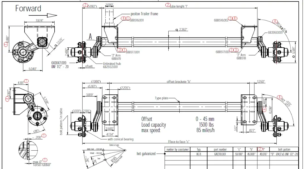 Torsion Axle, 1,500 lb Capacity, 59” Hub Face, 45” Frame Center, 48.9” Outside Bracket, 28* Down Angle, Galvanized, Manufactured by Knott, Fits Load Rite PWC & 14F / 16F Series Models.