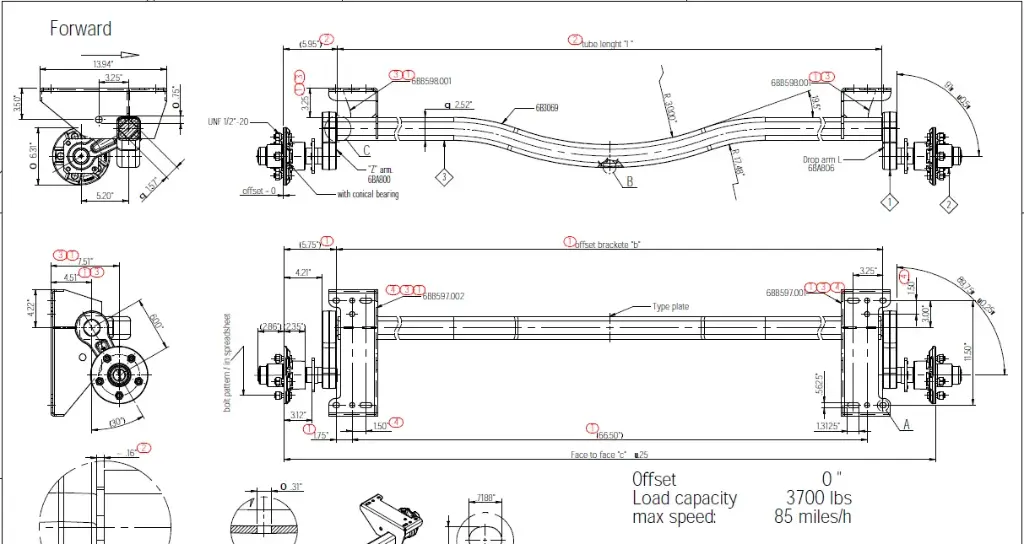 Torsion Axle, 3,500 lb Capacity, 81.5” Hub Face, 66.5” Frame Center, 72” Outside Bracket, 25* Down Angle, Galvanized, Manufactured by Load Rite